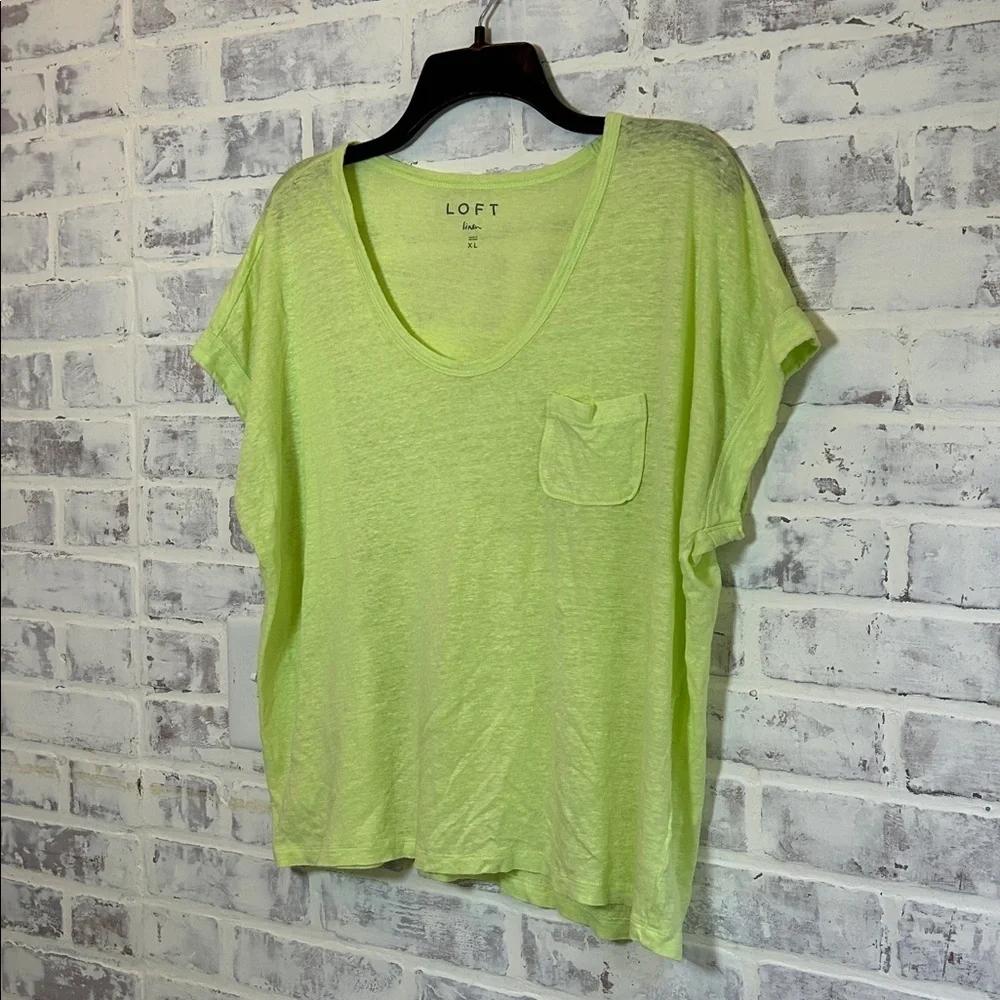 LOFT Linen Women's XL Pocket Tee Neon Green S/S Tshirt Lightweight Beach Summer - Picture 2 of 5